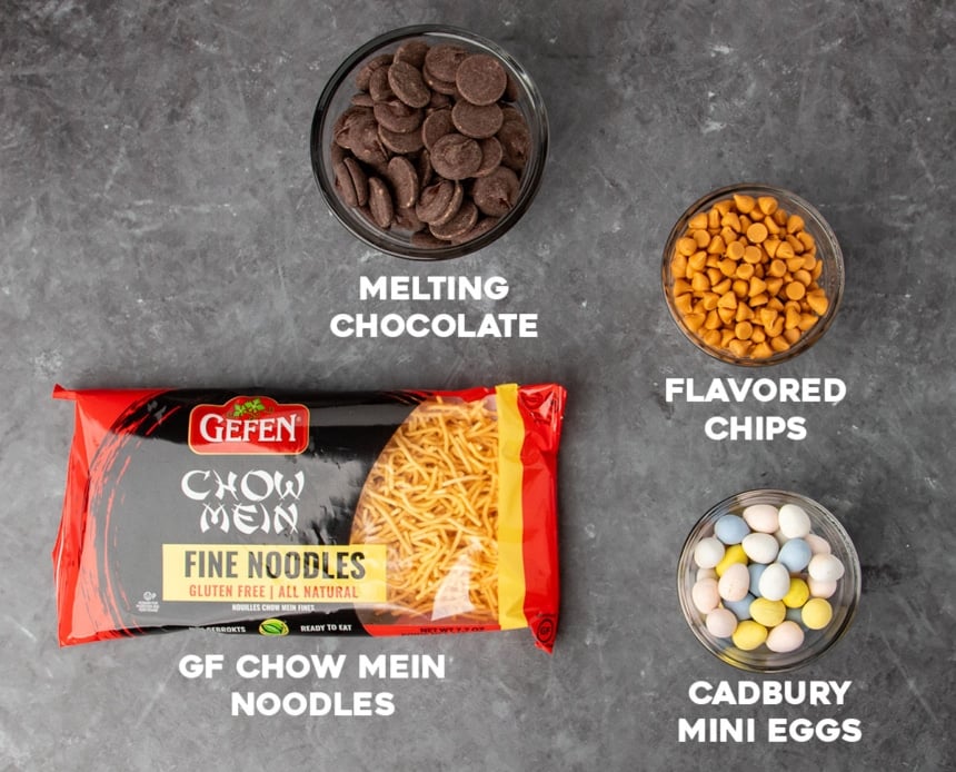 ingredients for gluten free bird's nest cookies in small bowls and in a red and black package with white block letters spelling out ingredient names