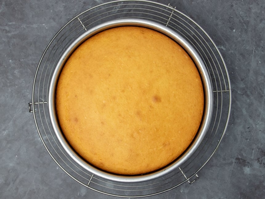 same cake pan with yellow-brown cake baked in it on round wire cooling rack