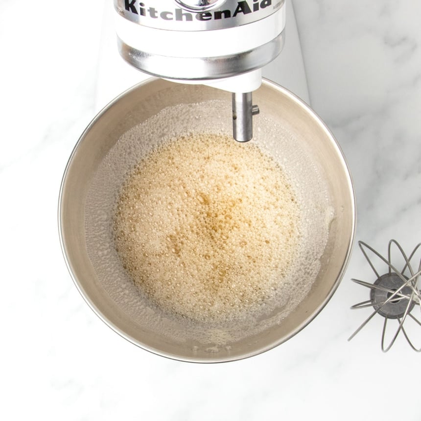 same mixing bowl with egg whites beaten into a froth