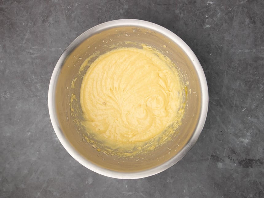 Same mixture with eggs beaten in a soft light yellow mixture