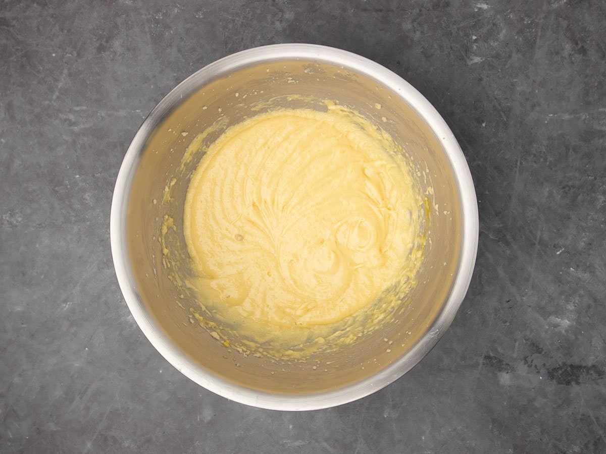 same mixture with eggs beaten in to a soft light yellow mixture