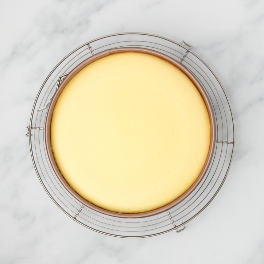 same cheesecake mixture in gold springform pan now baked into slightly darker yellow cake on round wire rack