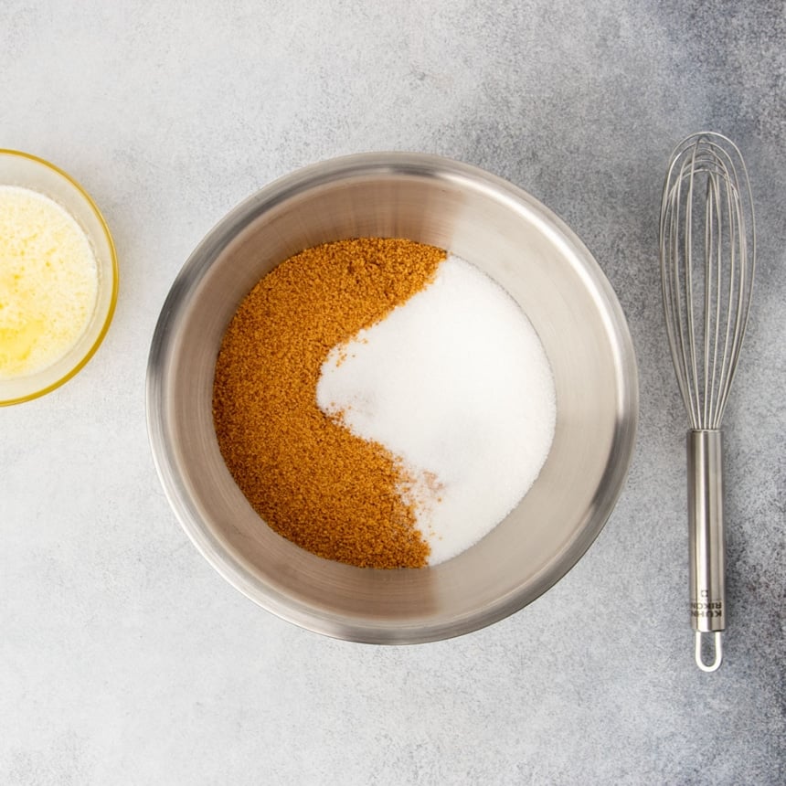 round metal mixing bowl with brown graham cracker crumbs and white sugar, with a wire whisk next to the bowl on one side and yellow melted butter on the other side