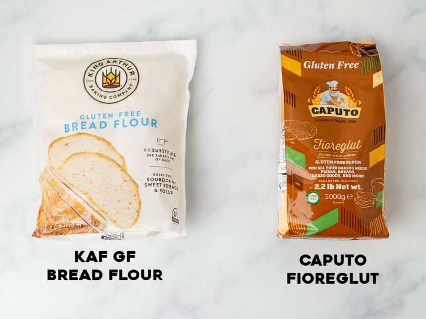 White plastic sack of King Arthur Flour brand gluten free bread flour and brown plastic package of Caputo Fioreglut gluten free flour