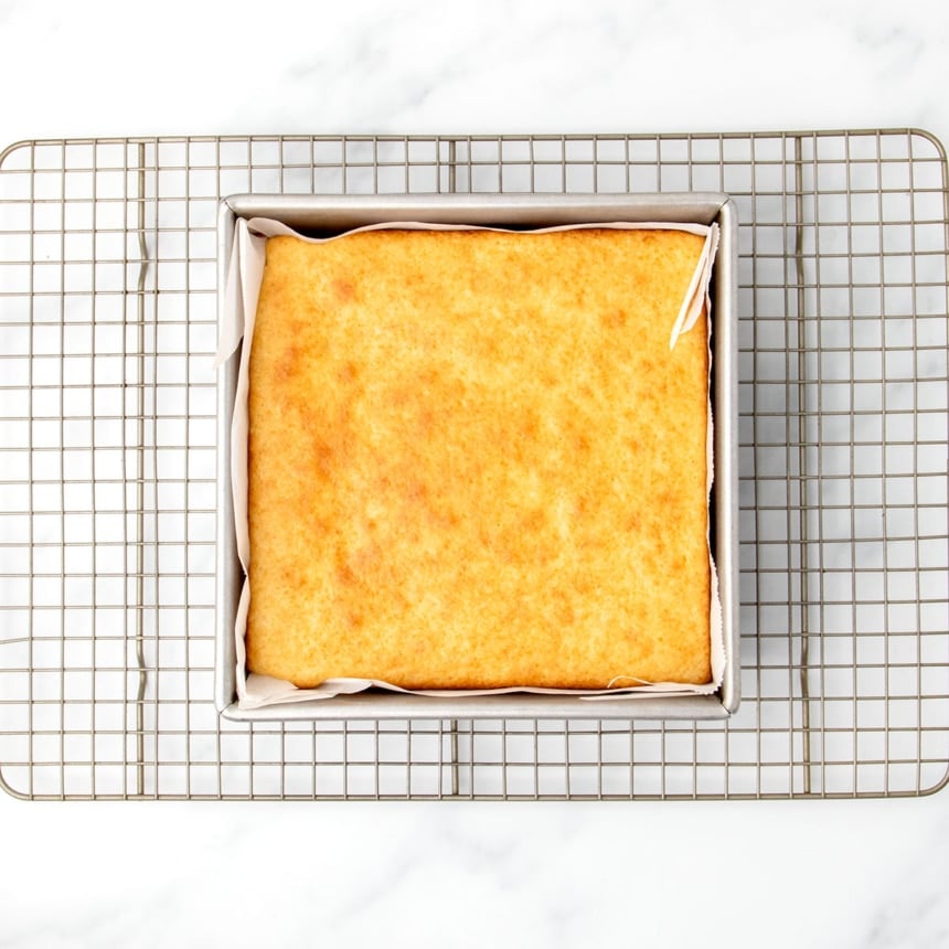 Baked gluten free dairy free vanilla cake cooling in the pan on a wire rack, golden brown and evenly risen.