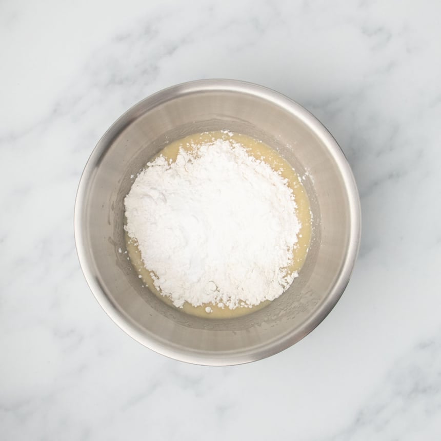 Gluten free flour, starch, baking powder, baking soda and salt added to the wet mixture in the same bowl.