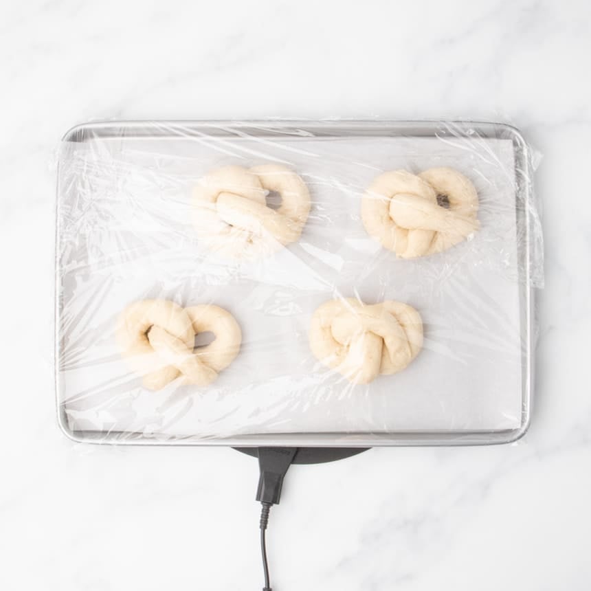4 raw soft pretzel shapes evenly spaced on baking tray, with tray covered in plastic wrap, set to rise