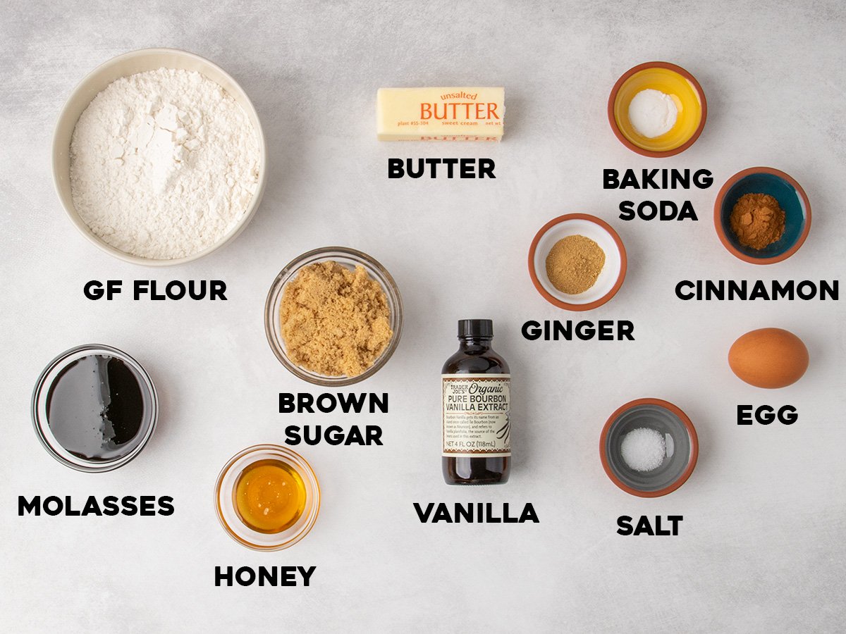 Individual baking ingredients arranged on a light surface, including bowls or containers of gluten free flour, brown sugar, molasses, honey, baking soda, cinnamon, ginger, salt, butter, an egg, and a bottle of vanilla extract.