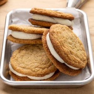 Close-up of stacked oatmeal cream pie sandwiches on parchment paper, showing thick white cream filling between golden brown cookies, with a piping bag blurred in the background.