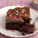 Closeup image of a square slice of chocolate cake with chocolate frosting and colorful sprinkles on a white plate, with a piece on a fork that is set in front.