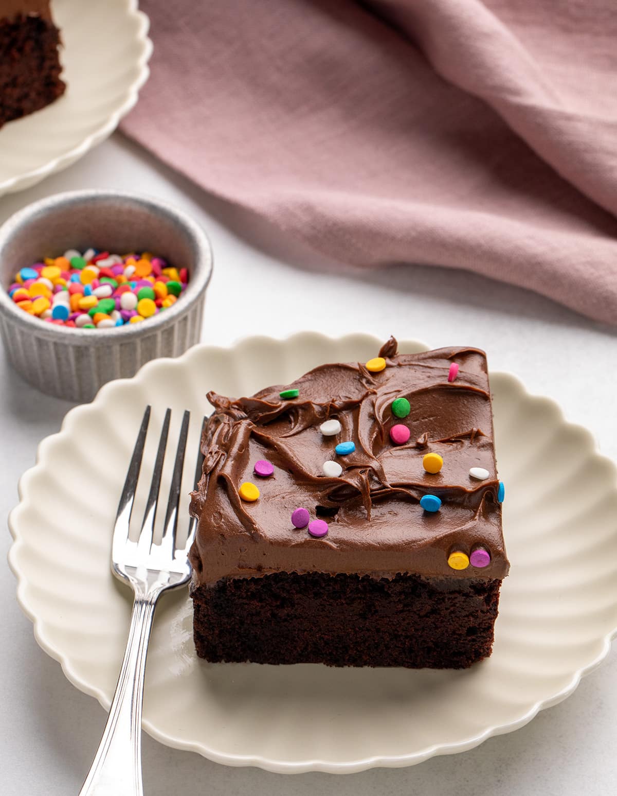 A square slice of chocolate cake with chocolate frosting and colorful sprinkles on a white plate with a fork beside it and a small bowl of sprinkles nearby.