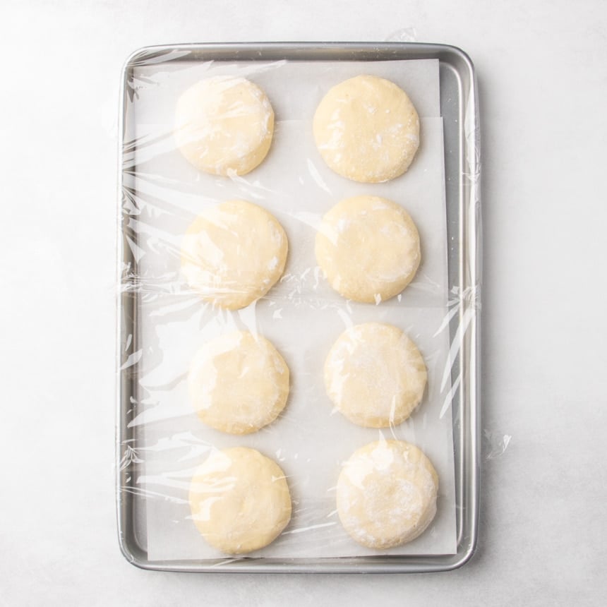 Eight shaped raw dough rounds on a parchment-lined baking sheet covered loosely with plastic wrap.