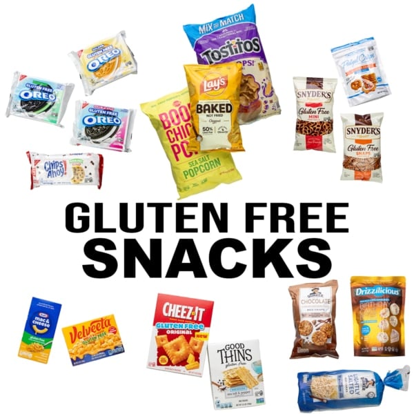 Assorted packaged gluten free snacks arranged around large black text that says “GLUTEN FREE SNACKS.”