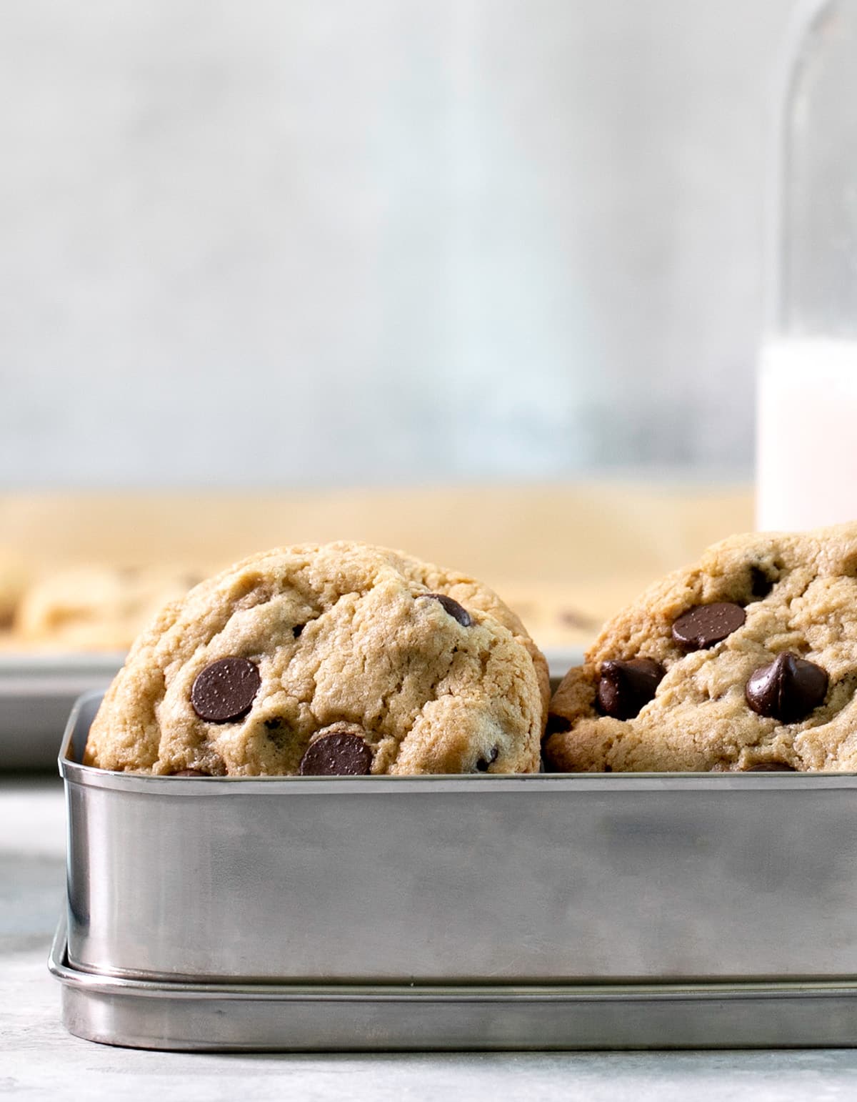 Gluten free Mrs. Fields chocolate chip cookies from side in a box