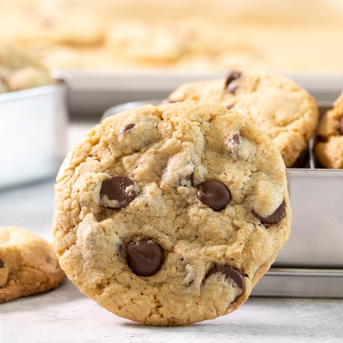 closeup of baked chocolate chip cookie standing on its side