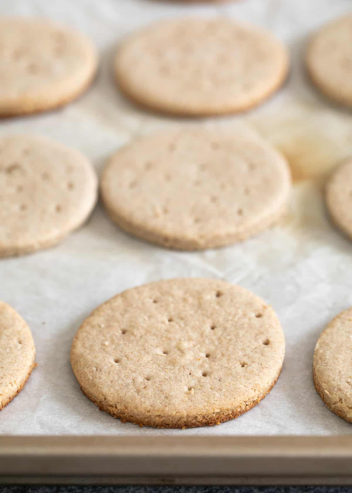 Digestive biscuits baked on white paper on tray