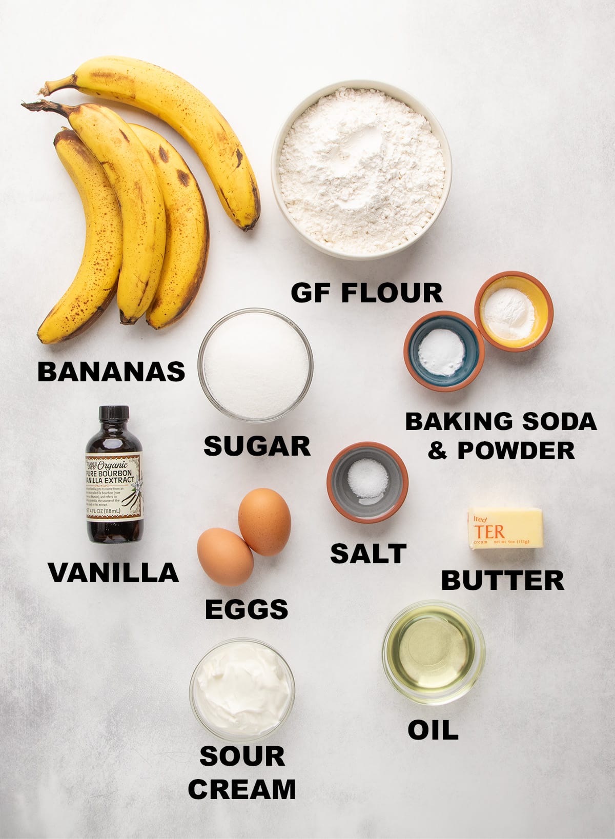 Bananas, gluten free flour, sugar, baking soda and powder, salt, butter, oil, sour cream, eggs, and vanilla are arranged on a light surface with text labels.