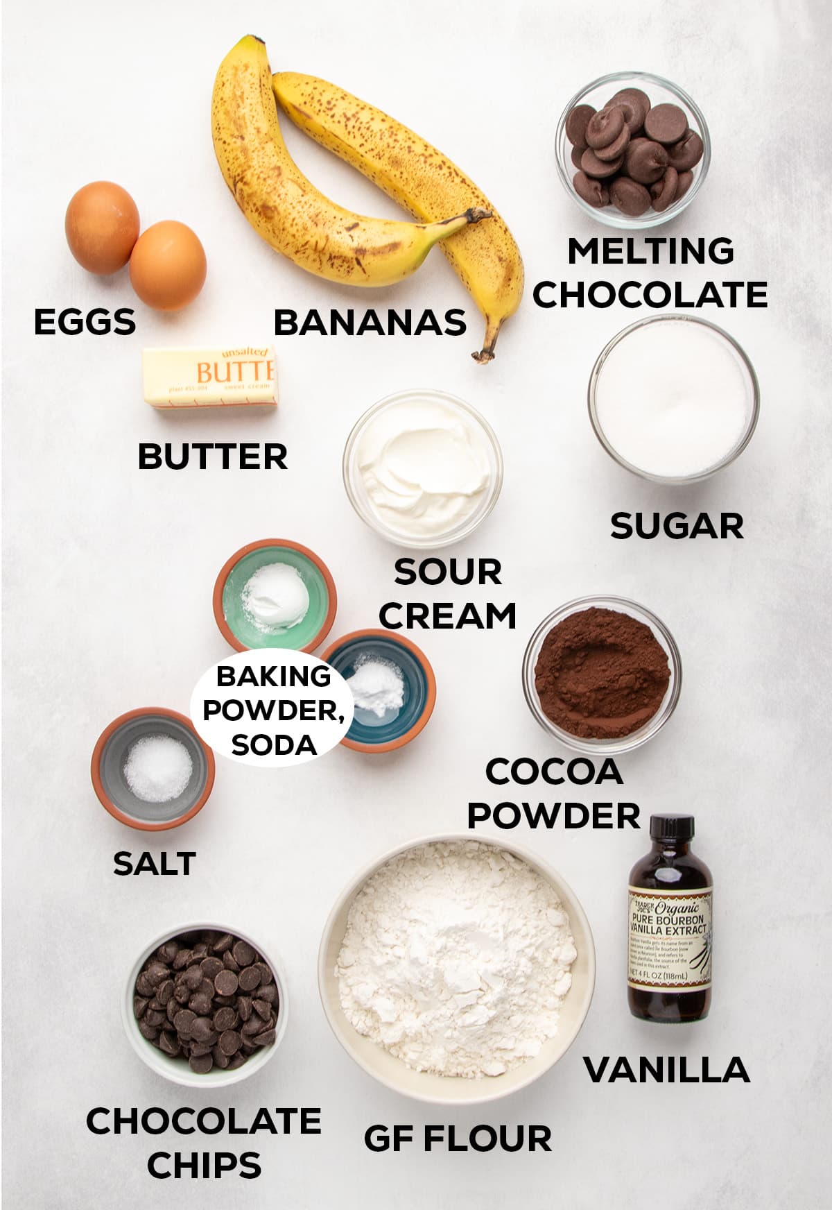 Eggs, bananas, melting chocolate, butter, sour cream, sugar, baking powder, baking soda, salt, cocoa powder, chocolate chips, gluten free flour, and vanilla are arranged on a light surface with text labels.