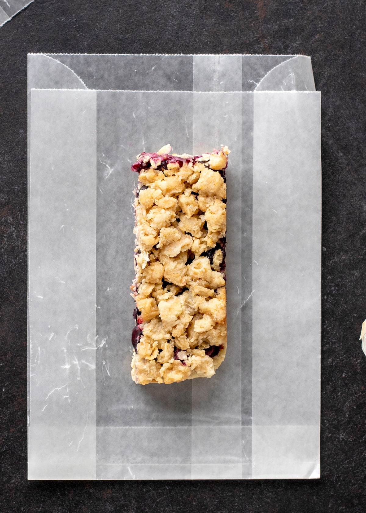 Overhead image of two bars on wax paper bags on black surface