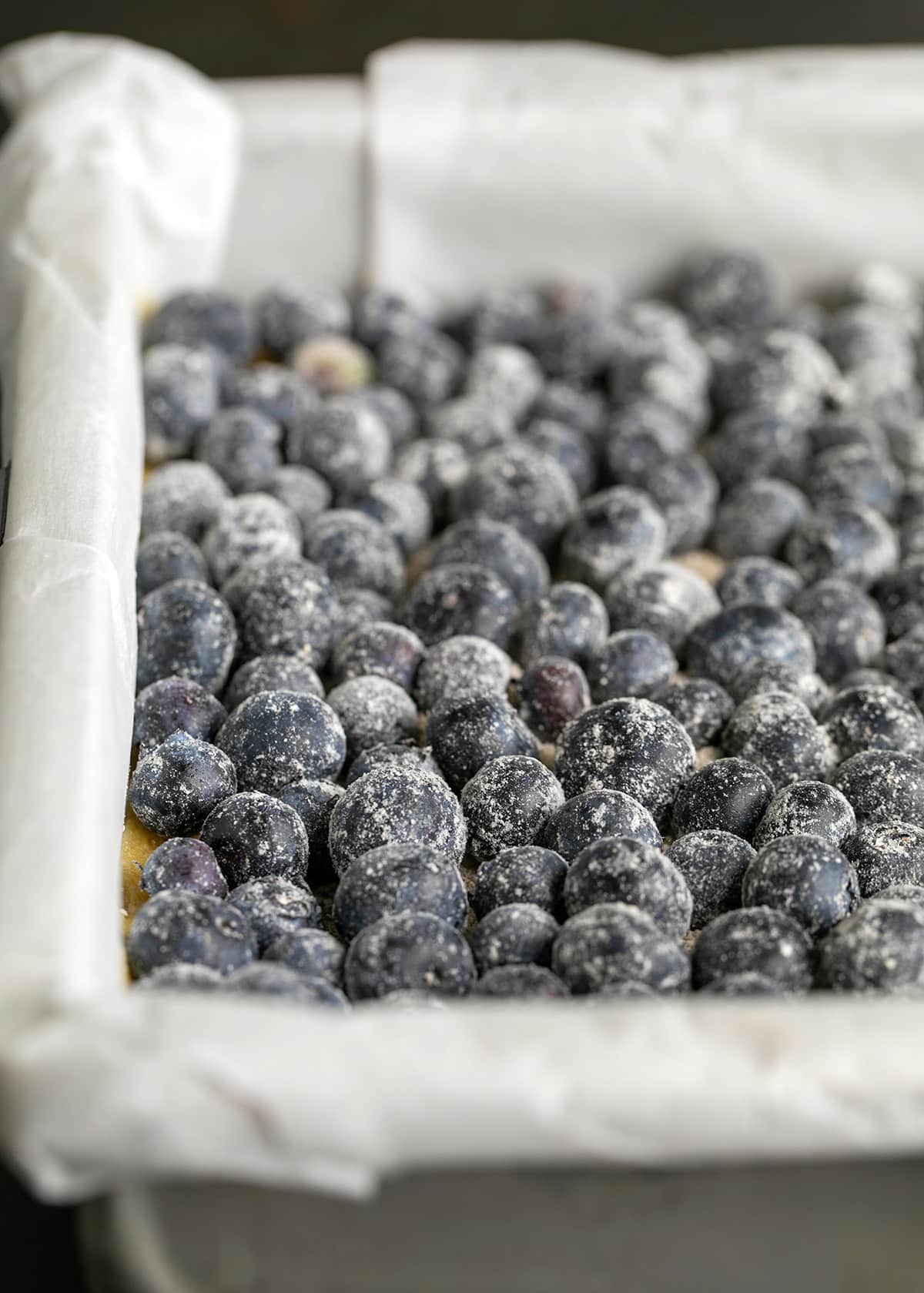 closeup of single layer of blueberries dusted in flour in a metal pan lined with paper
