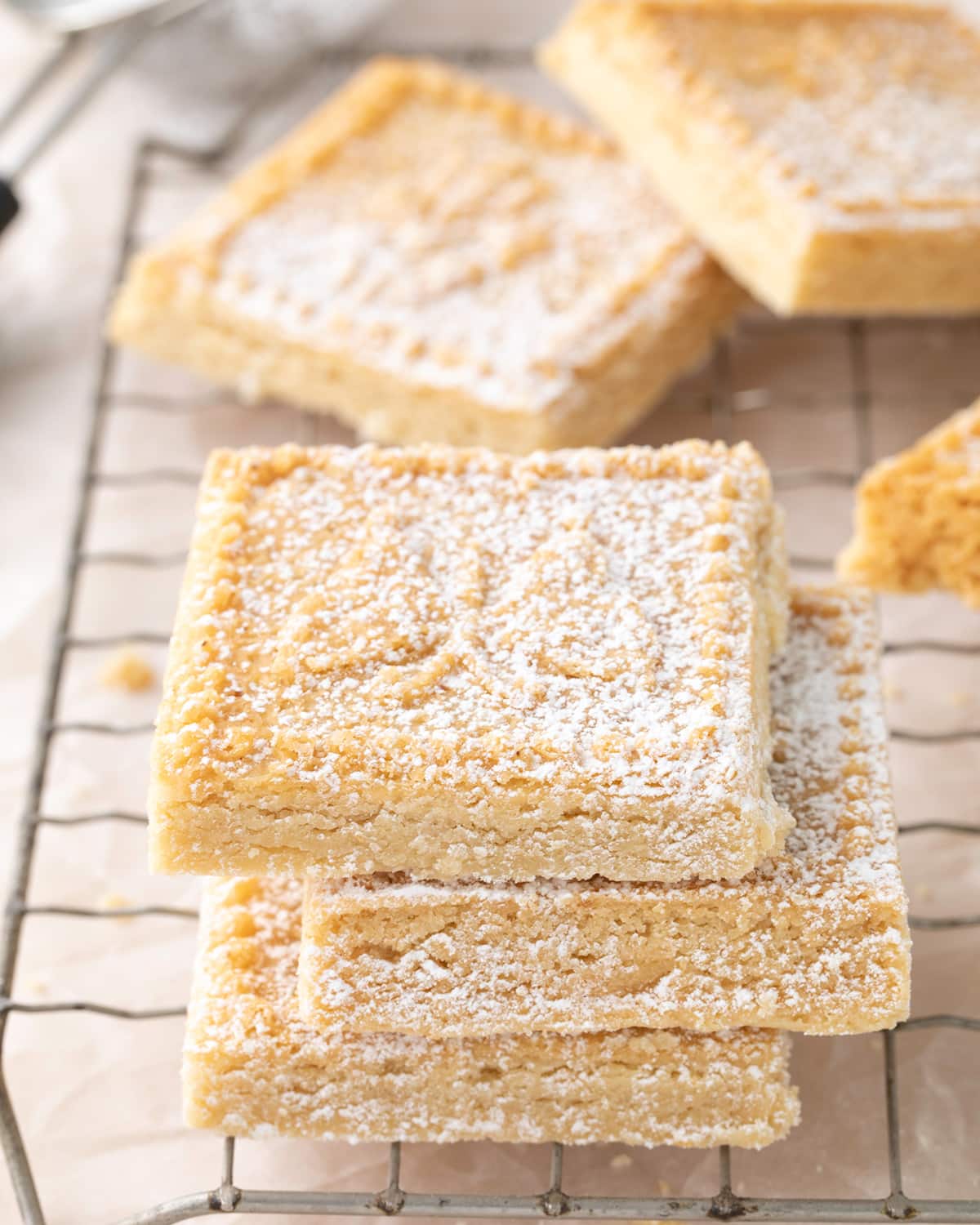 Stack of 3 shortbread squares on wire rack