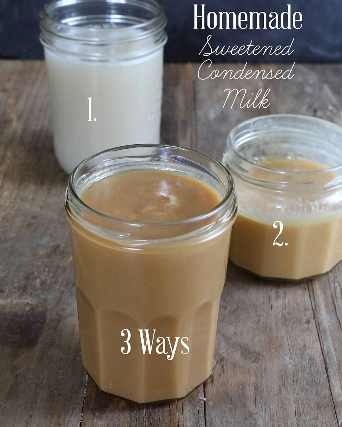 Three containers of homemade sweetened condensed milk in different colors sit on a wooden surface beneath text reading “Homemade Sweetened Condensed Milk 3 Ways.”