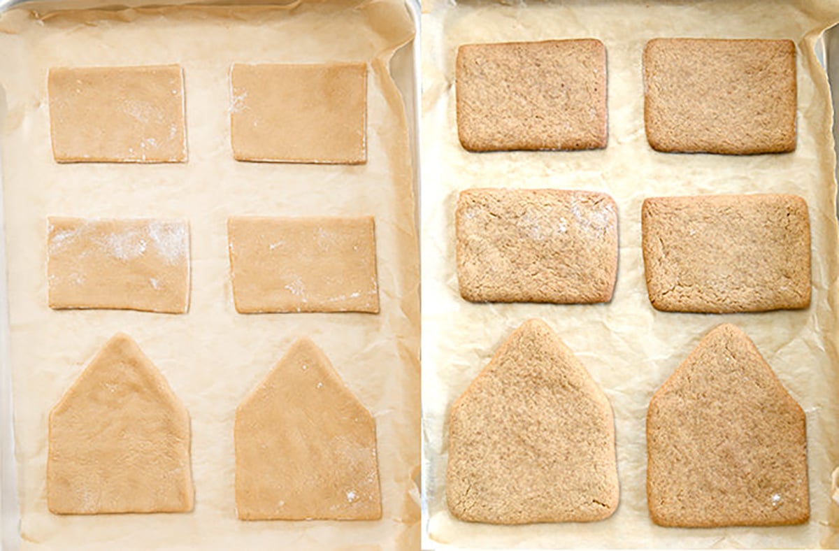 Birds eye view of gingerbread cookie dough and gingerbread cookies on parchment paper