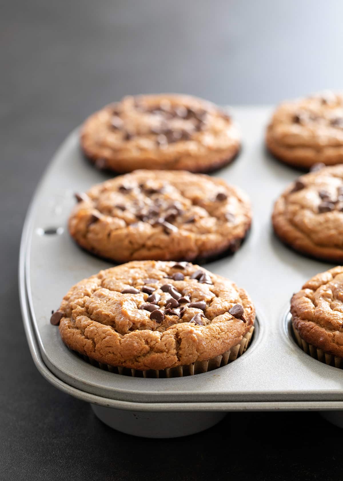 Flourless peanut butter muffins pictured in the muffin tin, just out of the oven.