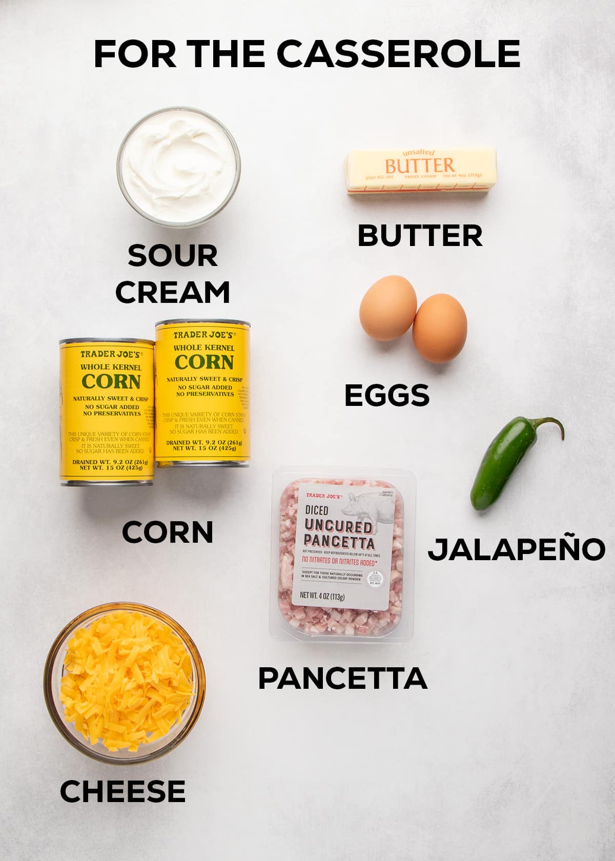 Sour cream, butter, eggs, cans of corn, raw cubed pancetta, jalapeño, and shredded yellow cheese are arranged and labeled on a white surface.