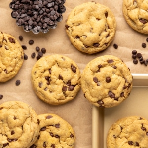 Closeup image of several peanut butter protein cookies with mini chocolate chips sitting on a small light brown tray and more on brown kraft paper beside a small dish of chocolate chips, with more chips scattered around.