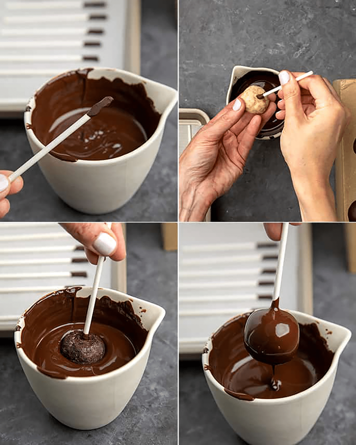 Step by step preparing lollipop stick, inserting into cake ball, and covering in melted chocolate