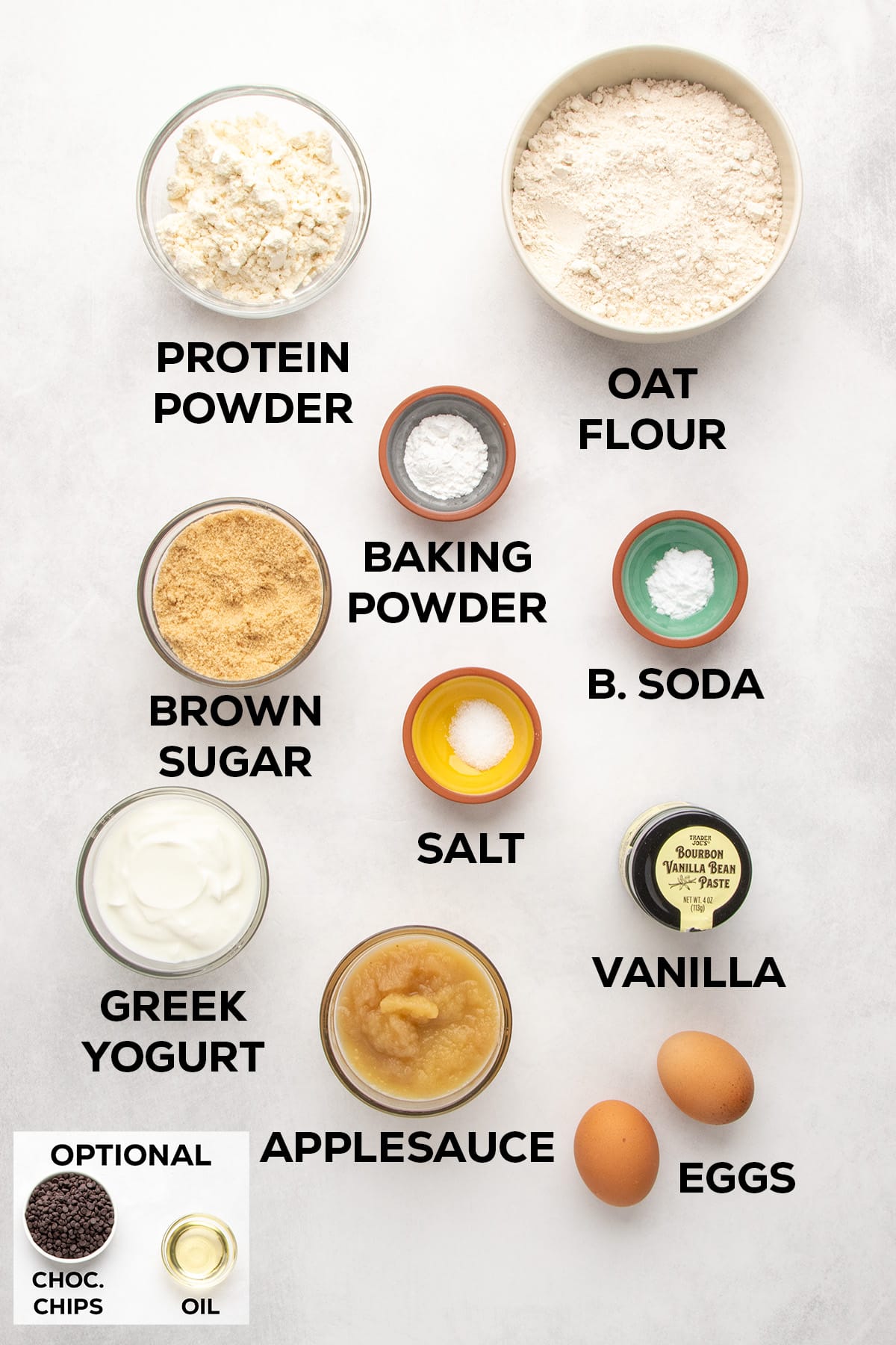 Ingredients for protein muffins include protein powder, oat flour, brown sugar, baking powder, baking soda, salt, Greek yogurt, applesauce, vanilla, and eggs, with chocolate chips and oil shown as optional.