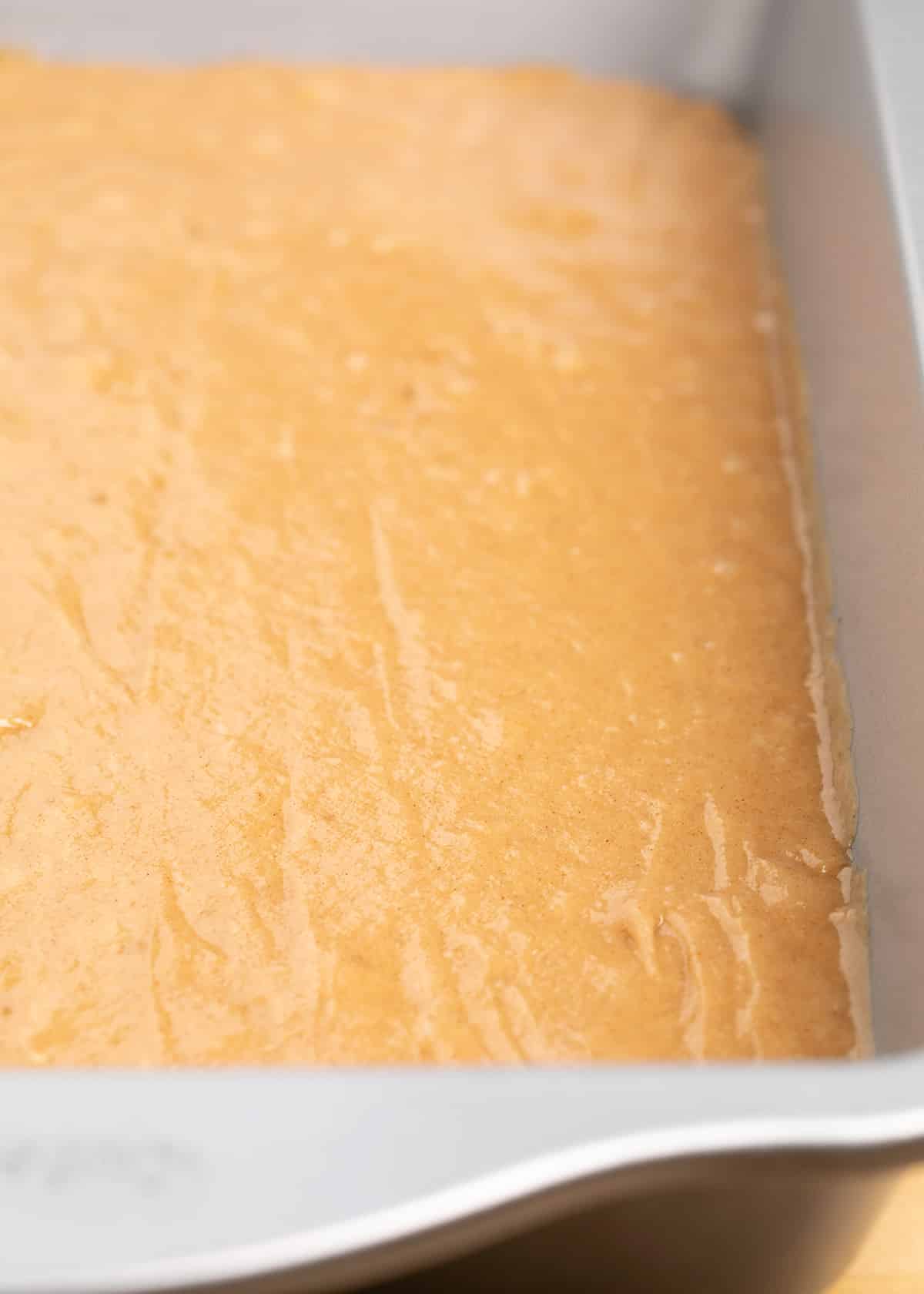 Raw light brown cake batter in 9x13 inch cake pan